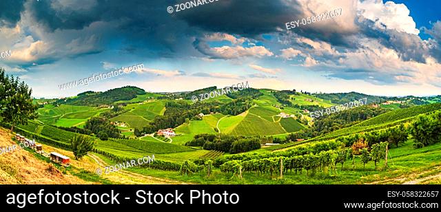 Vineyard panorama on an Austrian countryside, Styrian Tuscany. Wine road through south. Stormy summer weather