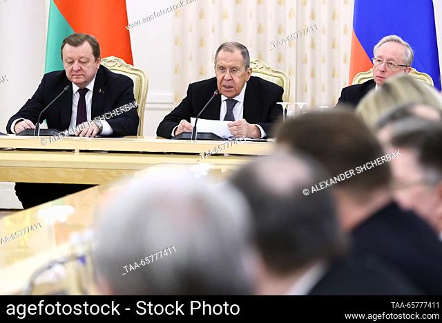 RUSSIA, MOSCOW - DECEMBER 15, 2023: Belarus' Foreign Minister Sergei Aleinik and his Russian counterpart Sergei Lavrov attend a joint board meeting between both...