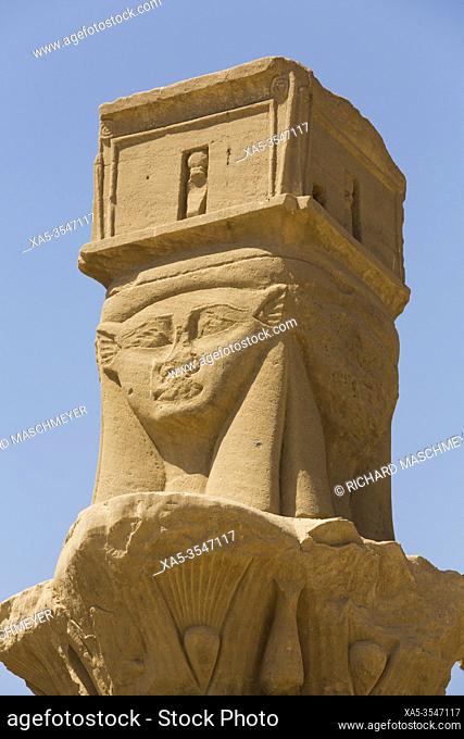 Goddess Hathor Columns, Vestibule of Nectanebo, Temple of Isis, UNESCO World Heritage Site, Philae Island, Aswan, Egypt