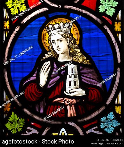 Church of Saint Edmund, Bromeswell, Suffolk, England, UK stained glass window of Saint Barbara