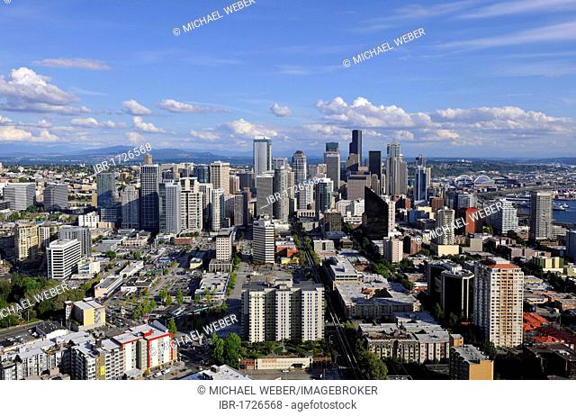 View from Space Needle to the southeast, Skyline Financial District Seattle with Columbia Center, formerly Bank of America Tower, Wells Fargo Building