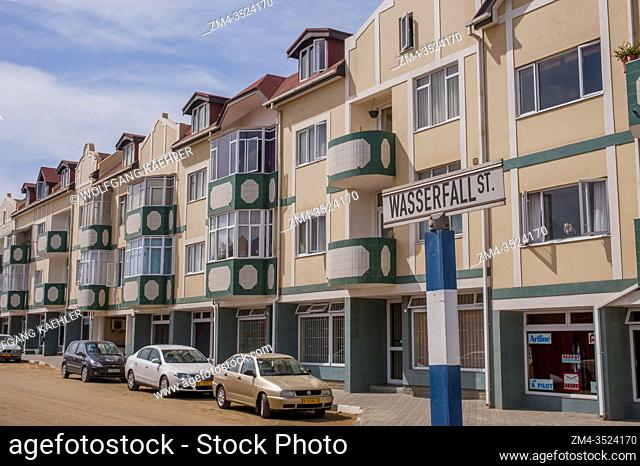 Street scene with apartment buildings in downtown Swakomund, Namibia