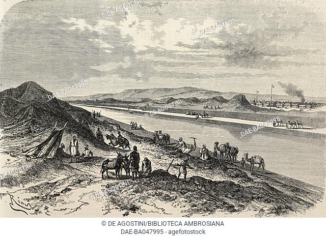 The sea canal at the Chalouf station seen from the Asian shore, Isthmus of Suez, Egypt, illustration by Riou from L'Illustration, Journal Universel, No 1396