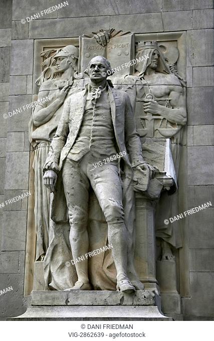 Detail of a figure of George Washington on the arch de triumph in Washington Park in New York, USA. This monument commemorates the one hundredth anniversary of...