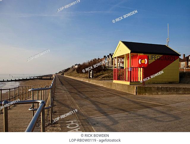 England, Suffolk, Southwold, The lifeguard hut on the promonade at Southwold in Suffolk