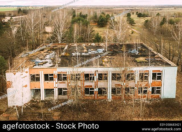 Belarus. Elevated View Of Abandoned Store In Chernobyl Zone. Chornobyl Catastrophe Disasters. Dilapidated House In Belarusian Village