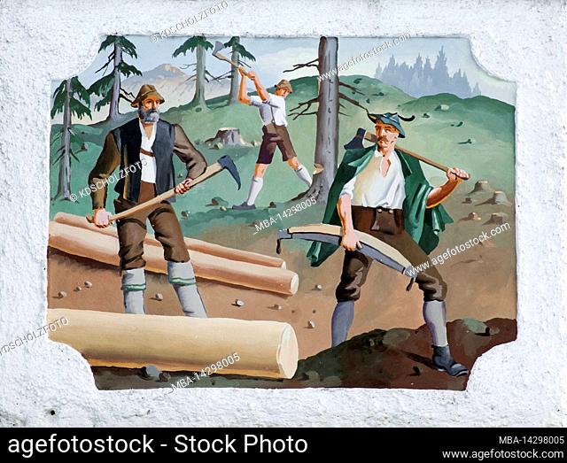 Forest workers with their tools, Alpine Lüftlmalerei (traditional painting) in Wallgau, Upper Isar Valley, Upper Bavaria