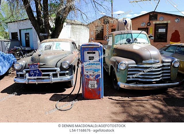 Antique Cars behind Snow Cap Inn Seligman Arizona Route 66