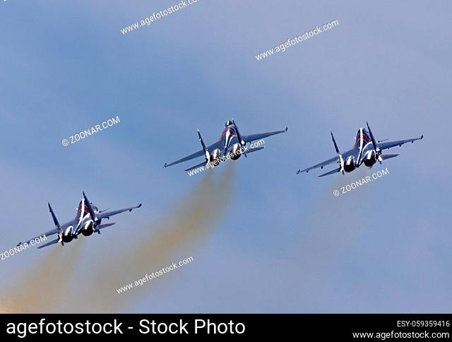 Moscow Russia Zhukovsky Airfield 31 August 2019: The Russian Knights Russkie Vityazi aerobatic team performs a demonstration flight with aerobatics figures of...