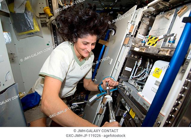 NASA astronaut Sunita Williams, Expedition 33 commander, uses a tool while working on a rack in the Tranquility node of the International Space Station