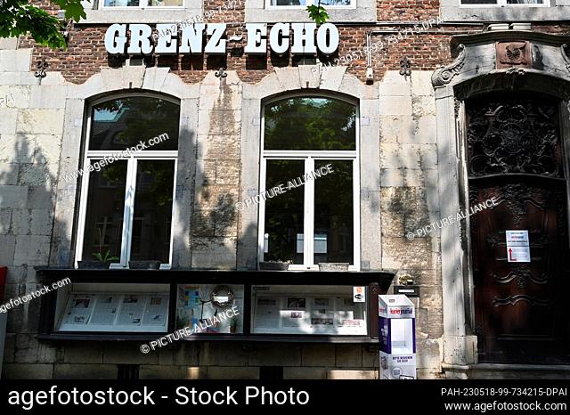 14 May 2023, Belgium, Eupen: Grenz Echo lettering on the publishing house. The Grenz Echo is the only German-language daily newspaper in Belgium