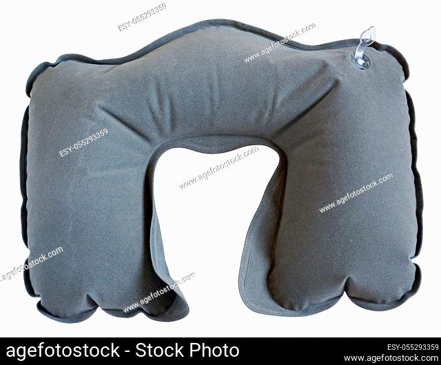 Inflatable rubber cushion is worn around the neck to sleep on the plane. Isolated on white with patch