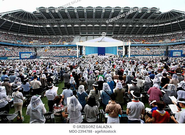 Pope Francis (Jorge Mario Bergoglio) celebrating the mass for the Solemnity of the Assumption of Mary at World Cup Stadium during the 6th Asian Youth Day
