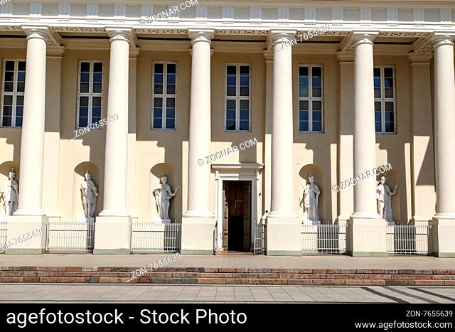 Close up detailed front view of neo classical Vilnius Cathedral in main square of old town