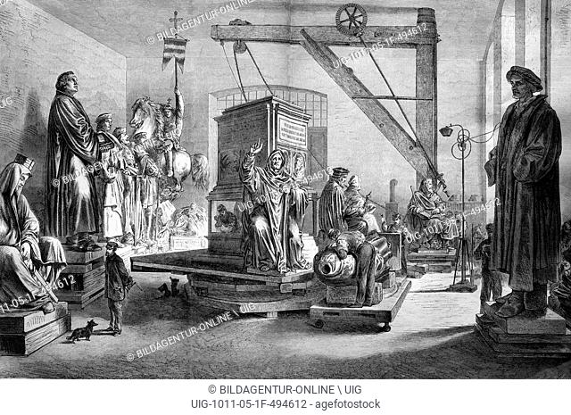 Luther memorial in the ziseliersaal, a hall in the lauchhammer art foundry, historical engraving, 1888