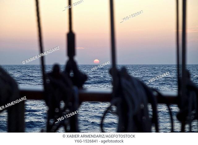 Sunset aboard of tall ship Thalassa, North Sea, Europe
