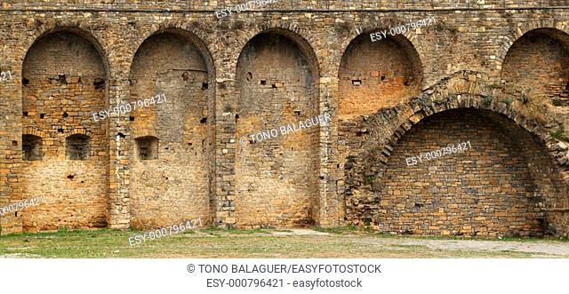 Castle fort wall in Ainsa village Aragon Pyrenees Huesca Spain