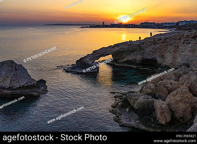 the natural stone bridge Bridge of Love at sunset, Ayia Napa, Cyprus, Europe