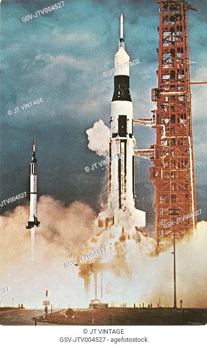 Launch of Mercury-Redstone 3 (Left) Carrying Astronaut Alan Shephard, Cape Kennedy, Florida, USA, May 5, 1961, Comparison to Saturn I Launch Vehicle on Right