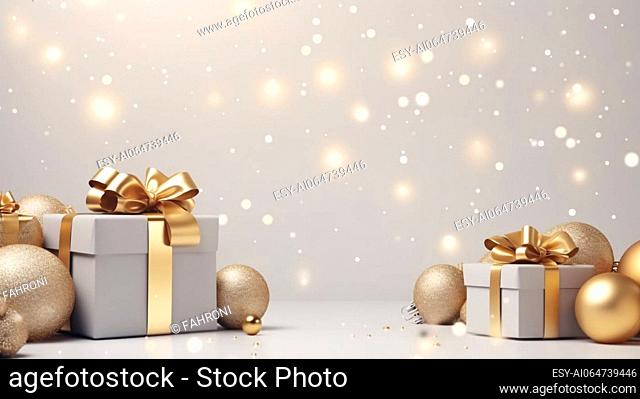 Christmas gift box with gold ribbon bow and golden Christmas ball decoration on white background. Merry Christmas present
