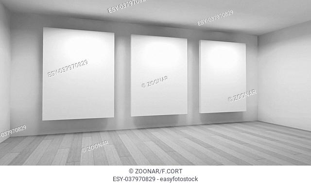 clean art gallery space with blank frames on the wall, clean room with shapes in 3d, business space and work