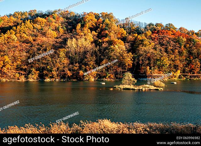 Nakdong river and autumn mountain in Andong, Korea