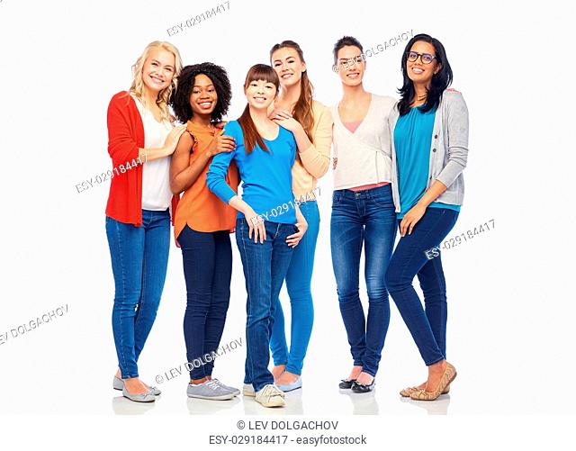 diversity, race, ethnicity and people concept - international group of happy smiling different women over white