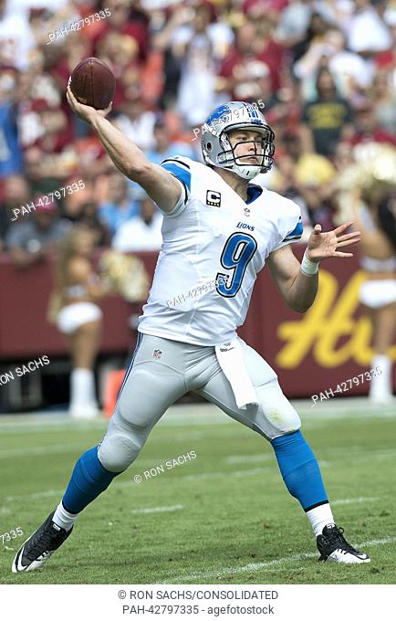 Detroit Lions quarterback Matthew Stafford (9) at work in first half action against the Washington Redskins at FedEx Field in Landover, Maryland on Sunday