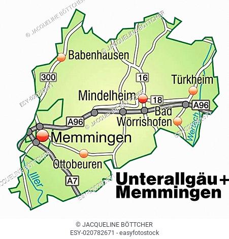 Karte von Unterallgaeu-Memmingen mit Verkehrsnetz in Pastellgrün