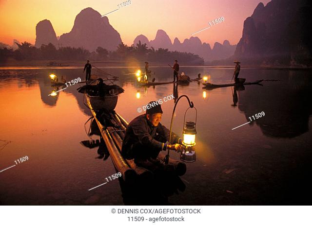 Cormorant fishermen. Li River. Chuang Autonomous Region of Kwangsi (Guangxi). China