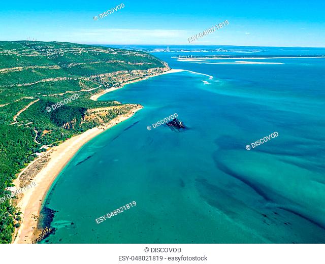 Aerial View Ocean Coastal Landscape of Nature Park Arrabida in Setubal, Portugal