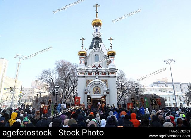 RUSSIA, YEKATERINBURG - DECEMBER 7, 2023: Russian Orthodox believers are seen outside St Catherine's Chapel during a religious procession marking the Day of...