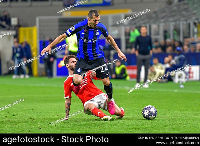 Milano, Italy. 19th, April 2023. Henrikh Mkhitaryan (22) of Inter seen during the UEFA Champions League match between Inter and Benfica at Giuseppe Meazza in...