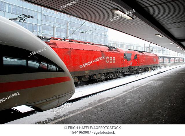 Railjet austrian and German ICE train at the station in Munich Central