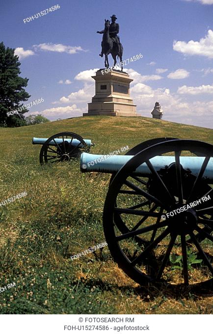 cannons, Gettysburg, battery, battle, Gettysburg Military Park, Pennsylvania, Cannons and monuments displayed at East Cemetery Hill a battlefield site at...
