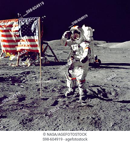 Eugene A. Cernan, Commander, Apollo 17 salutes the flag on the lunar surface during extravehicular activity (EVA) on NASA's final lunar landing mission