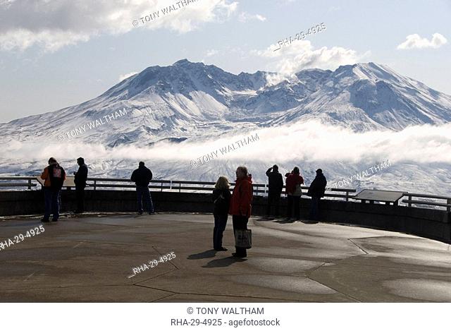 Mount St. Helens, with steam plume from rising dome within crater, seen from Johnston Ridge Visitor Centre, Washington state, United States of America
