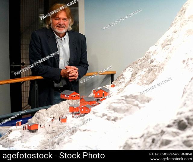 03 May 2023, Hamburg: Arved Fuchs, adventurer and polar explorer, stands by Antarctica in the new Patagonia and Argentina section in Miniatur Wunderland