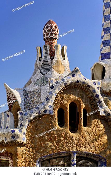 Parc Guell by Antoni Gaudi roof detail of the Administration Lodge at the parks entrance