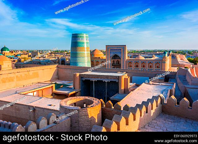 Historic architecture of Itchan Kala, walled inner town of the city of Khiva, Uzbekistan. UNESCO World Heritage Site