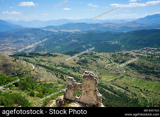 View from the ruins of Rocca Calascio castle on the mountain landscape, near the mountain village of Calascio, Gran Sasso National Park and Monti della Laga