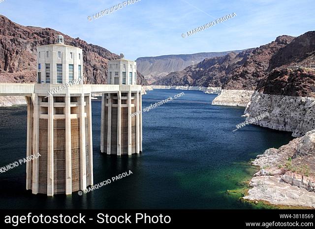 View of the pen stock towers over Lake Mead at Hoover Dam, between Arizona and Nevada states, USA