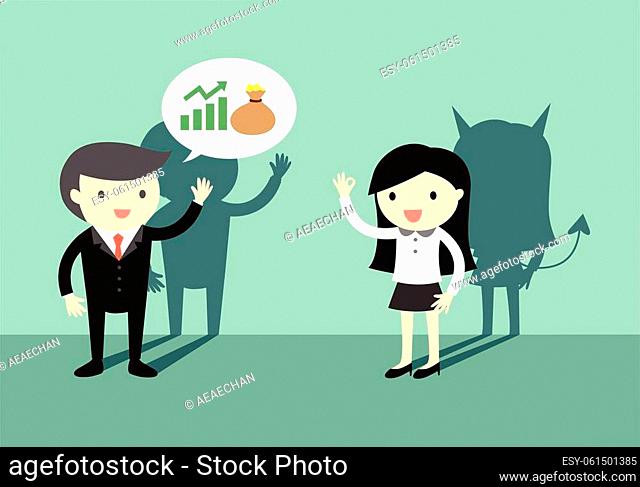 Businessman talking about investment with businesswoman, but she is an untrustable person. Vector illustration