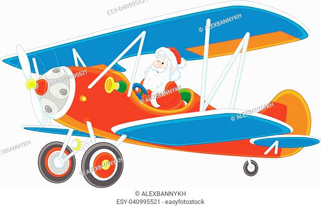Vector illustration of Santa Claus piloting his old wood airplane