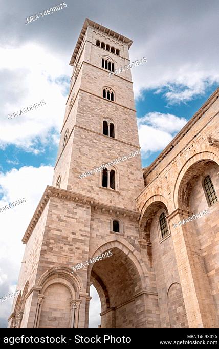 Close view of the cathedral's bell tower in Trani, Italy