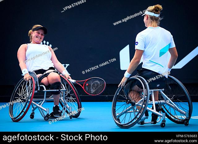 Dutch Diede De Groot (WTA1) and Dutch Aniek Van Koot (WTA3) celebrate after winning the final of the women's wheelchair doubles between Dutch pair De Groot/ /...