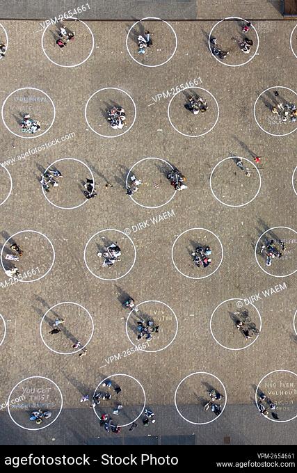 Illustration picture shows an aerial view from a drone of the social distancing circles installed on the Sint-Pietersplein, in the center of Ghent