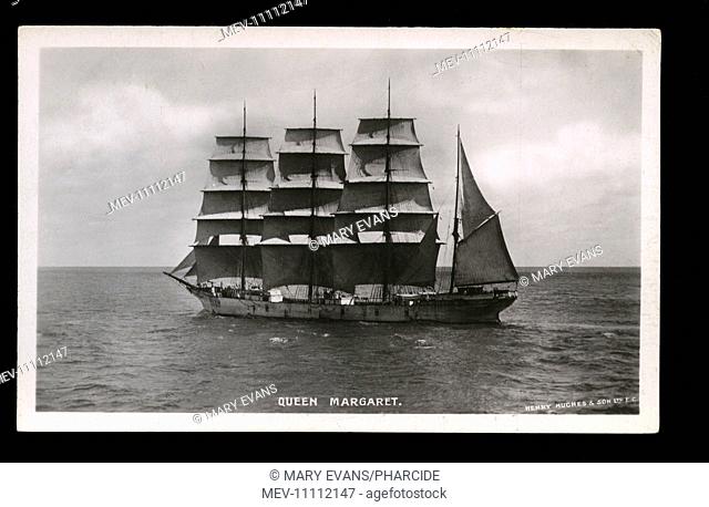 Sailing ship (barque) Queen Margaret, launched in 1893. She later became stranded at Lizard Point, Cornwall, where her cargo of wheat swelled
