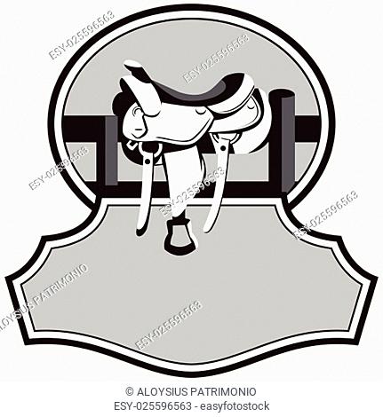 Illustration of a modern western saddle on ranch fence set inside oval shape with banner in front in black and white done in retro style