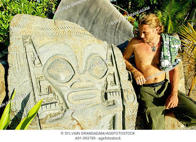 Sculpture by Teva Victor, son of Paul-Emile Victor, on an islet named 'Private island' . Bora Bora island. French Polynesia